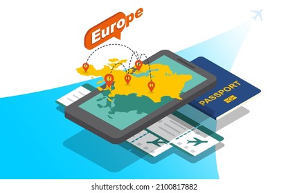 Getting ready for travelling to Europe. Planning an European tour on a smartphone. Trip planning, touristic concept. Isometric vector illustration.