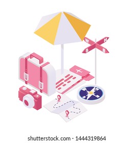 Getting ready for trip isometric illustration. Packing bags for tourist voyage, summertime holiday tour 3d concept. Planning travel to summer weekend resting location, vacation resort