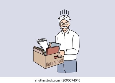 Getting retired at work concept. Sad mature man standing with belongings box and retirement lettering feeling frustrated and stressed vector illustration 