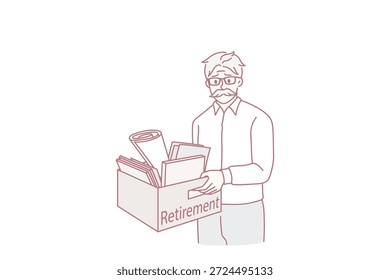 Getting retired at work concept. Sad mature man standing with belongings box and retirement lettering feeling frustrated and stressed vector illustration