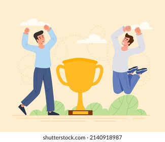 Getting reward concept. Men rejoice with golden goblet, metaphor for leadership and partnership. Talented and successful employees. Trophy and award, achievement. Cartoon flat vector illustration