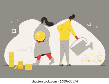 Getting rich Investment scene. Minor shareholders making money. Stock market boom. Growth in equity prices. Tiny people watering money trees and harvesting crops of huge coins. Vector illustration.