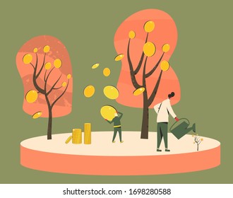 Getting rich scene. Investment. Minor shareholders making money. Stock market boom. Growth in equity prices. Tiny people watering money trees and harvesting crops of huge coins. Vector illustration.