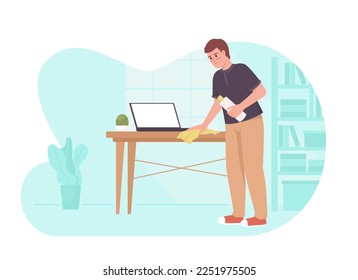 Getting rid of dust household chore 2D vector isolated illustration. Man cleaning table with cloth flat character on cartoon background. Colorful editable scene for mobile, website, presentation