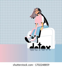 Getting rid of Internet addiction. Digital detox concept. Woman is sitting on the smart phone and watching the sunset sea on vacation trip. Vector character young girl illustration.