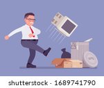 Getting rid of old personal computer. Office angry man kicking throwing away monitor into trash, broken device disposal, smashing used hardware for rubbish. Vector flat style cartoon illustration