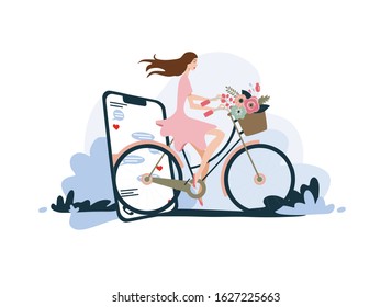 getting rid of social addiction, girl gets out of her phone and rides a bike, vector illustration