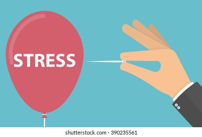 Getting rid of stress concept. Hand pricking red stress balloon with needle. Vector illustration in flat style