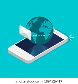 Neues Schreiben erhalten oder senden. Smartphone, Umschlag und Erde im trendigen isometrischen Stil. E-Mail, Marketing, Internetkonzepte. Vektorgrafik.