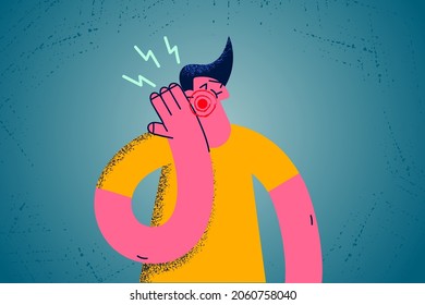 Getting slap and red cheek concept. Young stressed man cartoon character standing and touching red cheek after getting slap vector illustration 