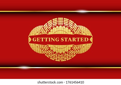 Getting Started text inside Gold and Red color badge. Traditional delicate background. Artistic illustration. 