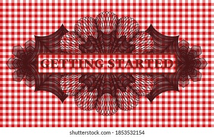 Getting Started text inside Linear red checkered tablecloth realistic emblem. Restaurant classic background. Vector illustration. 