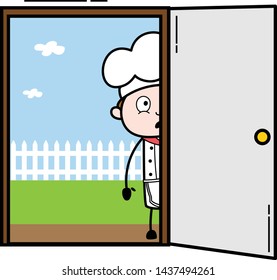 Getting Surprised after See Inside the House - Cartoon Waiter Male Chef Vector Illustration