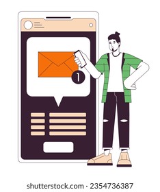 Getting text message flat line concept vector spot illustration. Notification. Man holding smartphone 2D cartoon outline character on white for web UI design. Editable isolated color hero image