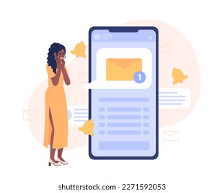 Getting text message on mobile phone flat concept vector spot illustration. Editable 2D cartoon character on white for web design. Notification on messenger app creative idea for website, magazine