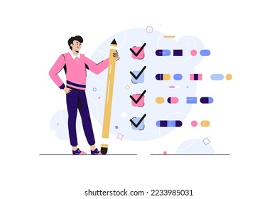 Getting things done, completed tasks or business accomplishment, finished checklist, achievement or project progression concept, businessman expert holding pencil tick all completed task checkbox.
