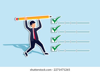 Getting things done, completed tasks or business accomplishment, finished checklist, achievement or project progression concept, businessman expert holding pencil tick all completed task checkbox