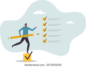 Getting things done, completed tasks or business accomplishment, finished checklist, achievement or project progression .business concept.flat character.