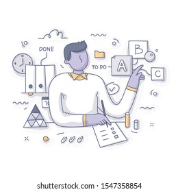 Getting things done and get organized concept. Man plans priority tasks and organizes the space around. Abstract doodle vector illustration