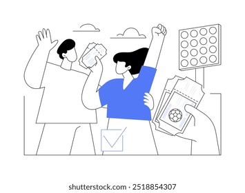 Getting tickets for a game isolated cartoon vector illustrations. Happy university students with tickets for a game in hands, favorite team support, sport event coming vector cartoon.