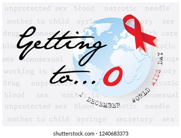 "Getting to... O (Zero)" and the day, name of event letters with red ribbon on the blue earth and Cause of HIV infection lettering pattern and lights gray background.