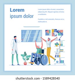 Getting Very Good News from Cardiologist in Local Clinic. Gray Haired Senior Patient in Wheelchair, Accompanied by Relative, Happy to Learn About Recovery. Banner with Copy Space for Extra Text.