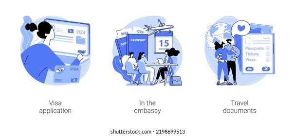 Getting visas isolated cartoon vector illustrations set. Woman applying for a visa online using laptop, couple with passports in the embassy, travel documents ready, go on vacation vector cartoon.