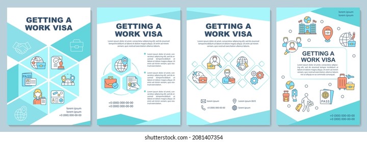 Getting work visa brochure template. Permit for employment abroad. Flyer, booklet, leaflet print, cover design with linear icons. Vector layouts for presentation, annual reports, advertisement pages
