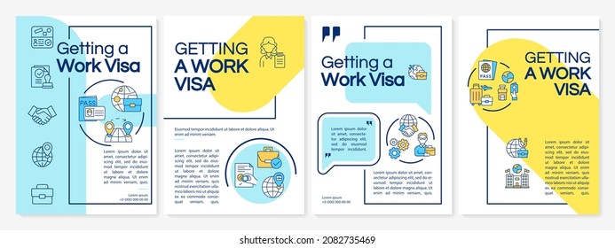 Getting work visa yellow, blue brochure template. Live abroad. Flyer, booklet, leaflet print, cover design with linear icons. Vector layouts for presentation, annual reports, advertisement pages
