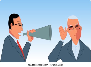Getting your message across. Businessman yelling in a bullhorn to an older man year