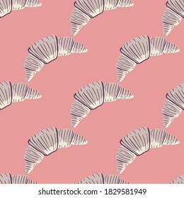 Gey croissants silhouettes doodle seamless pattern. Stylized tasty artwork with pink background. Food backdrop. Perfect for fabric design, textile print, wrapping, cover. Vector illustration.