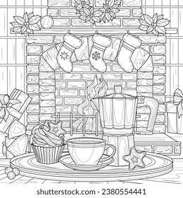 Geyser coffee machine and coffee by the Christmas fireplace.Coloring book antistress for children and adults. Illustration isolated on white background.Zen-tangle style.Hand drawn illustration.