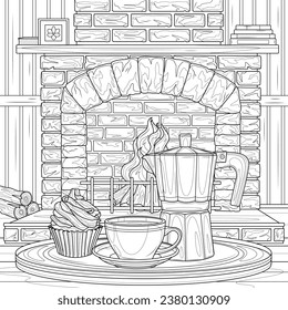 Geyser coffee machine and coffee by the fireplace.Coloring book antistress for children and adults. Illustration isolated on white background.Zen-tangle style. Hand draw