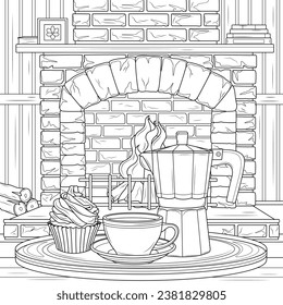 Geyser coffee machine and coffee by the fireplace.Coloring book antistress for children and adults. Illustration isolated on white background. Hand draw