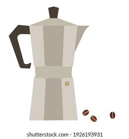 Geyser coffee maker and coffee beans on a white background.