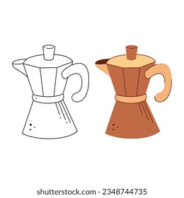 Geyser coffee maker. Black and white and color clipart vector illustration.