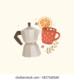 Geyser coffee maker and ceramic cup with a cute pattern. Coffee with marshmallows. Orange slice and spices. Vector illustration in a hand-drawn style. Postcard design, banner. Cozy mood, coffee shop.