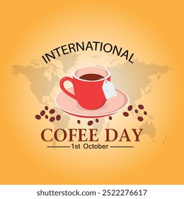 Geyser coffee maker, cup and beans on beige background. Banner for International Coffee Day