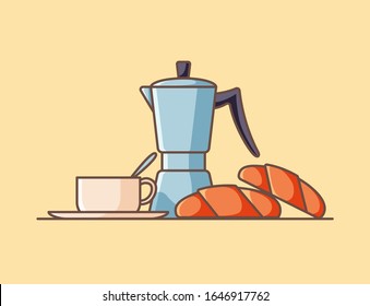Geyser coffee maker, cup and croissants
