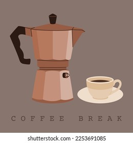 Geyser coffee maker with cup of coffee. Equipment for making espresso drink. Coffee break. Hand drawn vector illustration isolated on brown background. Flat style.