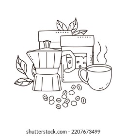 Geyser coffee maker, cup and kraft paper bags with coffee beans isolated on white background. Doodle style.