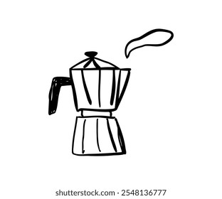 Geyser coffee maker drawn by hand in doodle style. Food, kitchen, menu. Vector illustration for design.