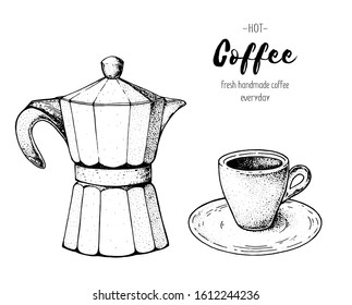 Geyser coffee maker hand drawn sketch. Vintage vector illustration.  Make espresso coffee. 