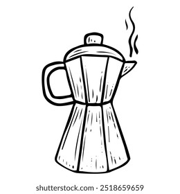 Geyser coffee maker hand drawn doodle. Kitchen appliance for brewing hot drinks. Kitchenware. Metal kettle. Tableware. Vector sketch line art illustration.