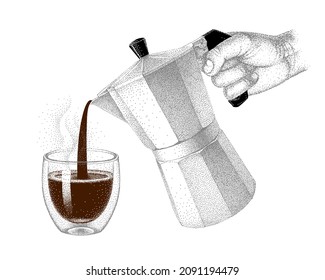 Geyser coffee maker in hand pouring coffee into glass double wall cup. Moka pot. Vector hand-drawn illustration in engraved style. Pointillism sketch.