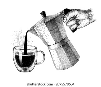 Geyser coffee maker in hand pouring coffee into glass double wall cup. Moka pot. Vector hand-drawn illustration in engraved style. Pointillism sketch.