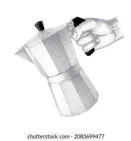 Cafetera Geyser a mano humana. Lleve café de la olla de Moka. Camarero, barista sostiene el Moka Express italiano. Ilustración vectorial al estilo del Pointillismo.