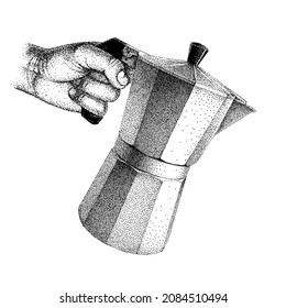 Cafetera Geyser a mano humana. Lleve café de la olla de Moka. Camarero, barista sostiene el Moka Express italiano. Ilustración vectorial al estilo del Pointillismo.