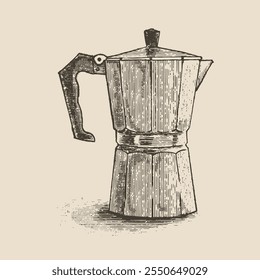 Geyser Kaffeemaschine, italienische Kaffeemaschine oder Moka-Topf, Illustration im Stil einer mittelalterlichen Gravur