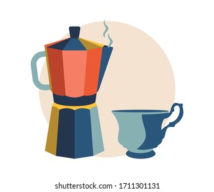 Geyser Coffee Maker Moka Pot with Elegant Cup. Contemporary Colorful Vector Illustration